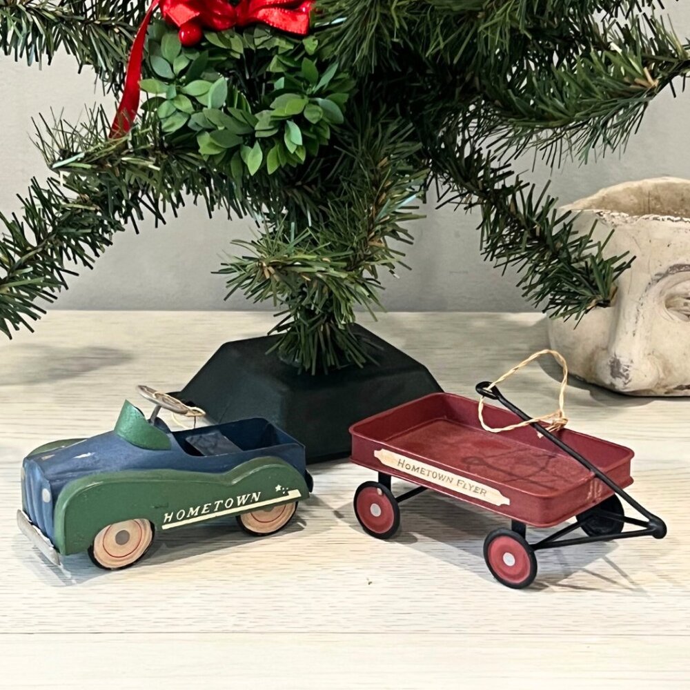 Midwest of Cannon Falls Vintage Ornament Lot Pedal Car Red Hometown Flyer Wagon